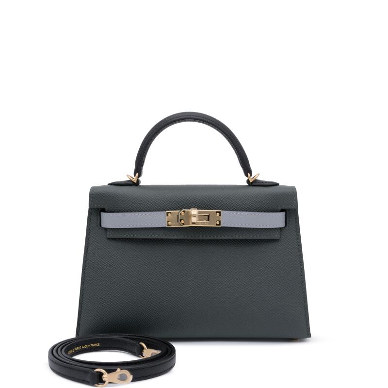 Hermes Limited Edition Vert Mangrove, Gris Pantin and Black Epsom Tri-Color Mini Kelly 20 II Permabrass Hardware, 2025