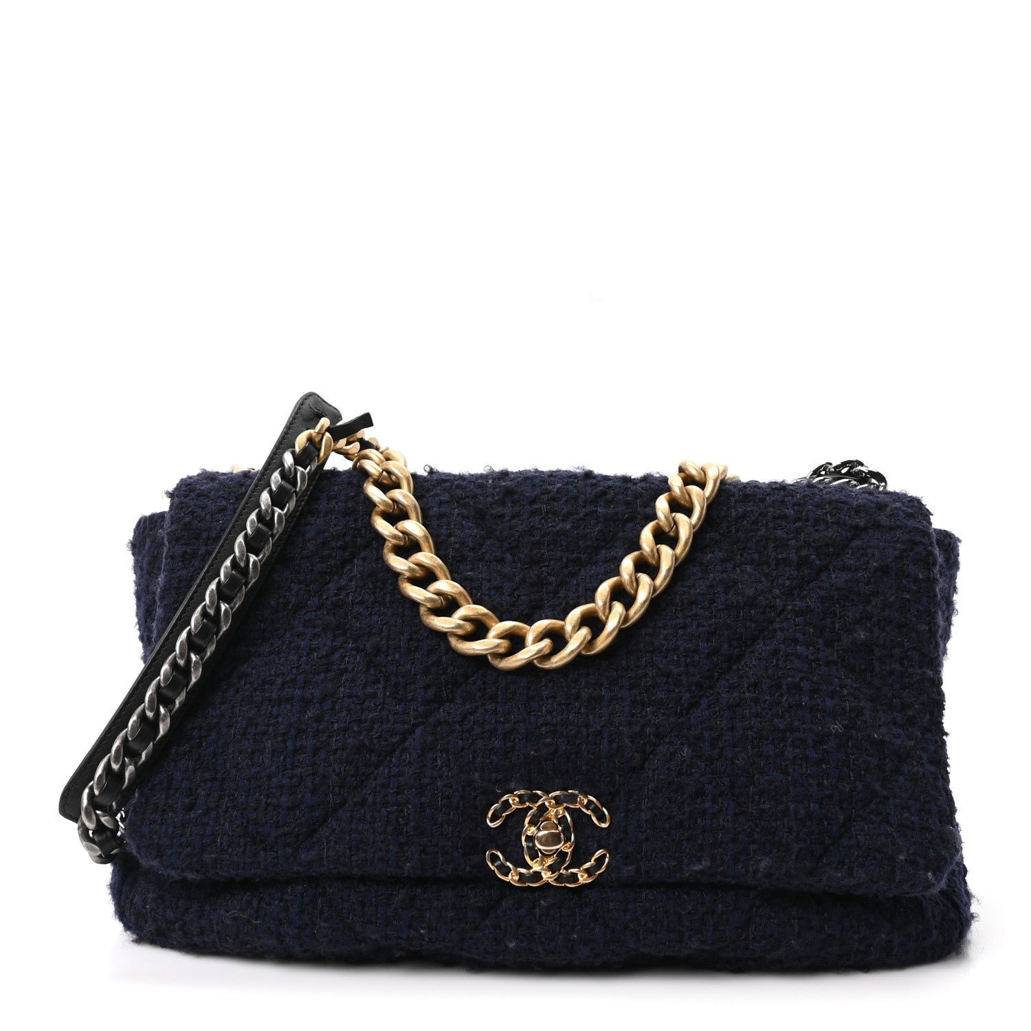 Chanel Tweed Quilted Maxi Chanel 19 Flap Navy