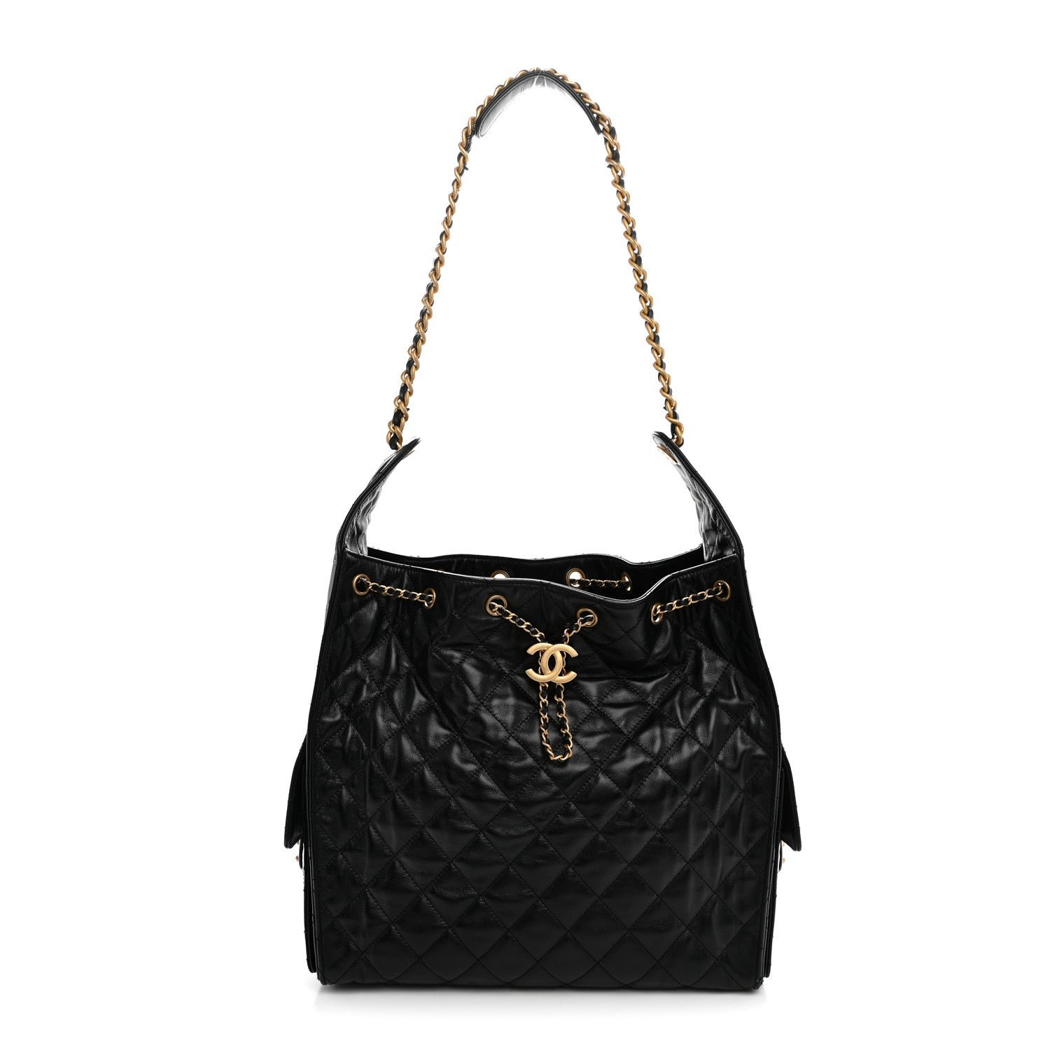 Chanel Shiny Crumpled Calfskin Quilted Medium Chanel 25 Handbag Black