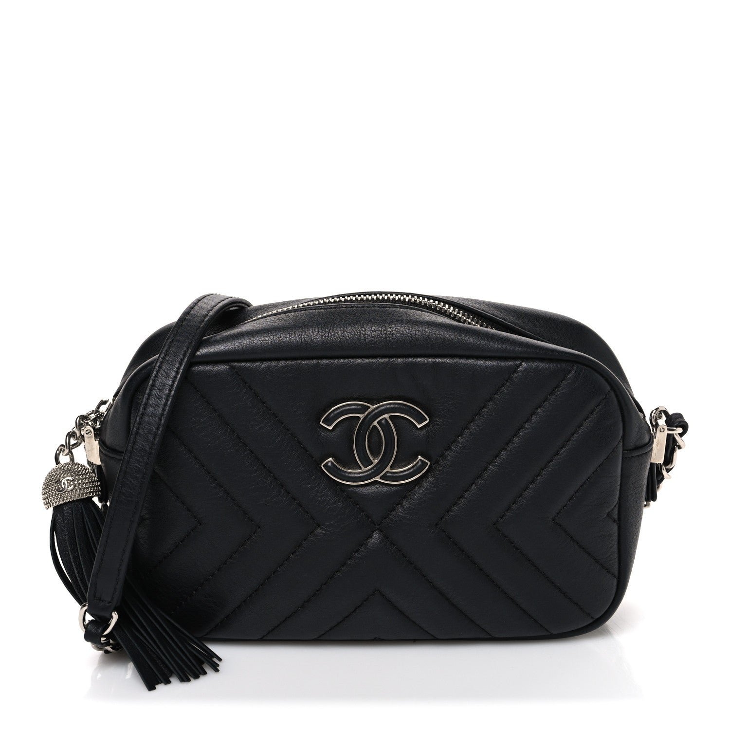 Chanel Calfskin Diagonal Chevron Quilted Tassel Camera Case Black
