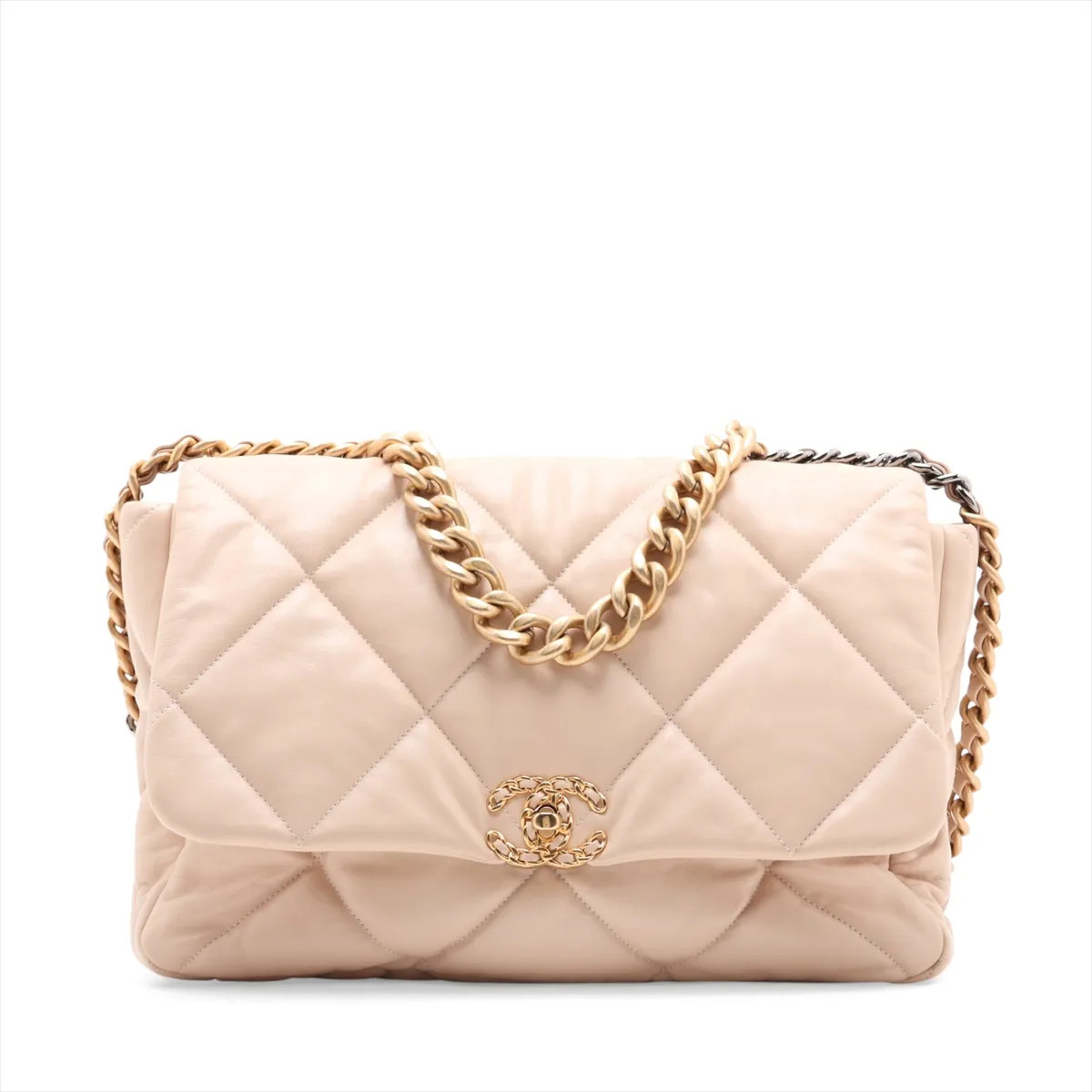Chanel CHANEL 19 Maxi Lambskin Chain Shoulder Bag Beige Gold x Silver Metal Fitt