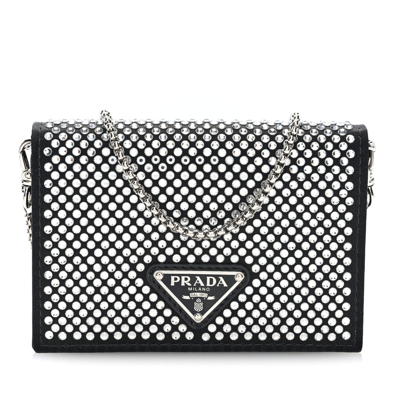 Prada Satin Crystal Metal Triangle Logo Card Holder With Strap Cristal