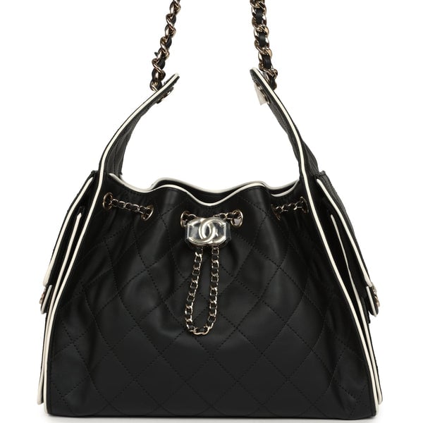 Chanel Small 25 Hobo Bag Black and White Calfskin Light Gold Hardware