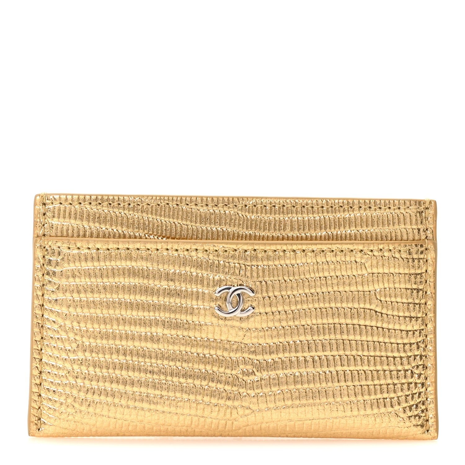 Chanel Metallic Calfskin Lizard Embossed Card Holder Gold