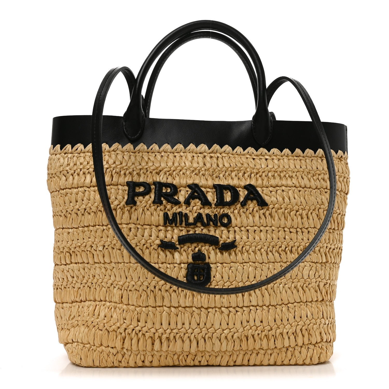 Prada Yarn Raffia Effect Calfskin Crochet Embroidered Medium Logo Tote Tan Black