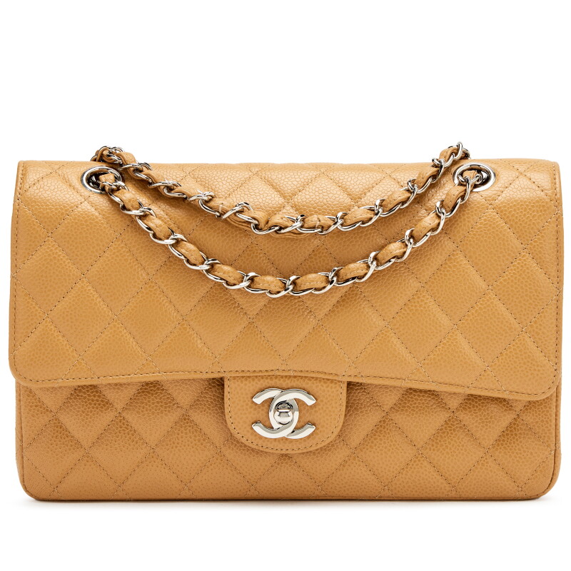 Vintage Camel Beige Quilted Caviar Medium Classic Double Flap Bag Silver Hardware, 1997-1999