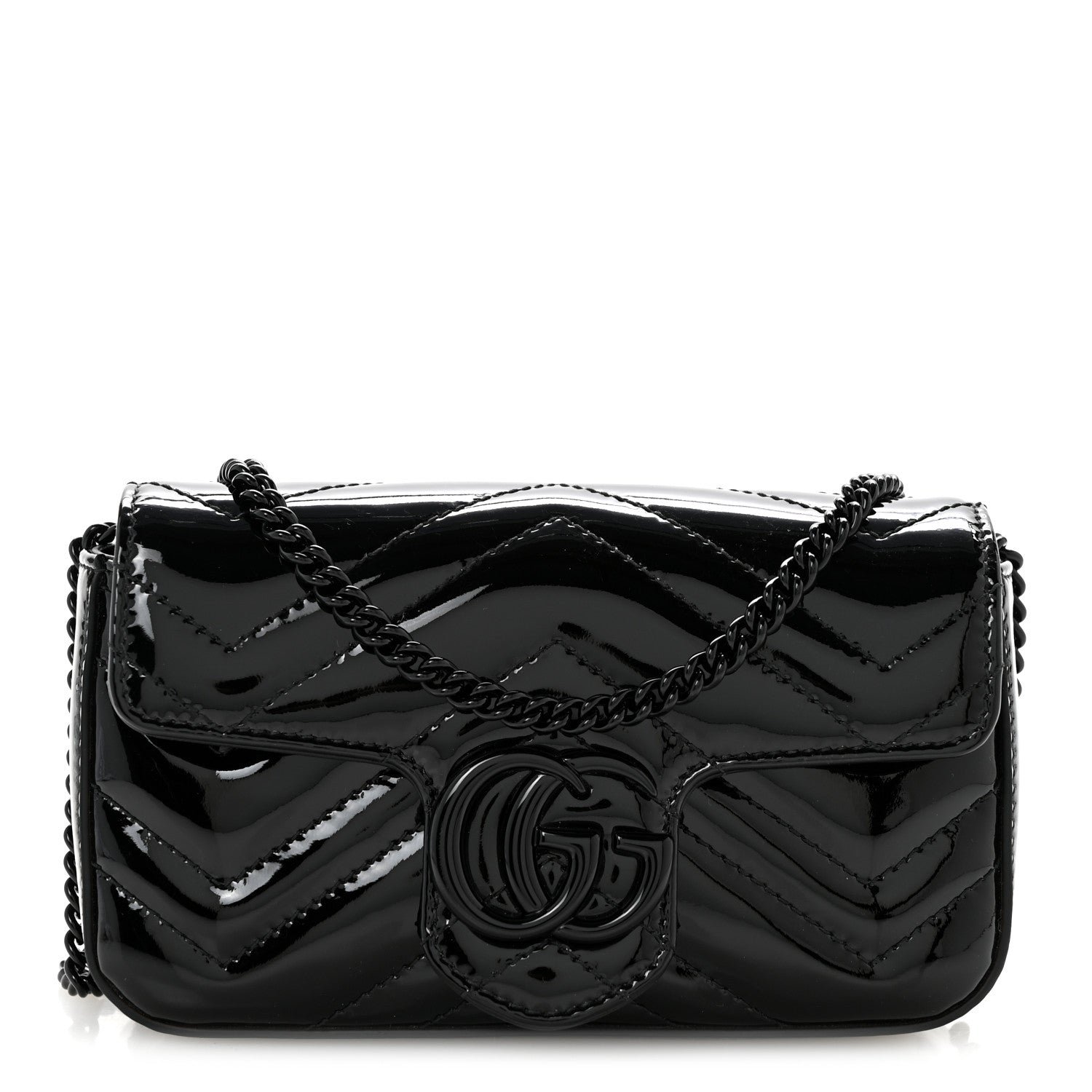 Gucci Patent Lambskin Enamel Matelasse Monochrome Super Mini GG Marmont Shoulder Bag Black