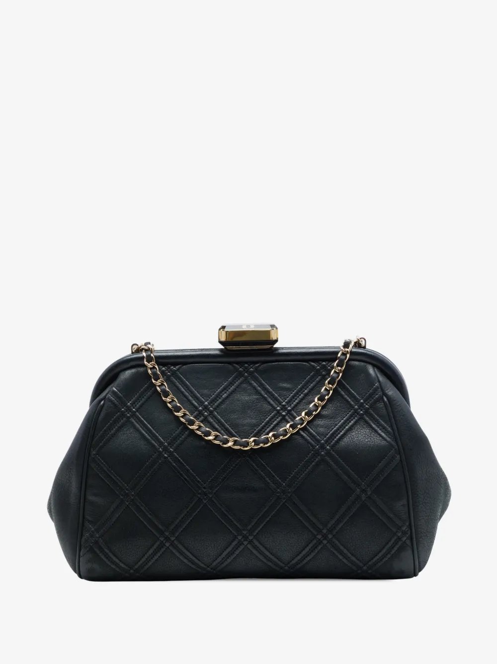 2014 CC Quilted Lambskin Double Stitch Kiss Lock Clutch with Chain crossbody bag