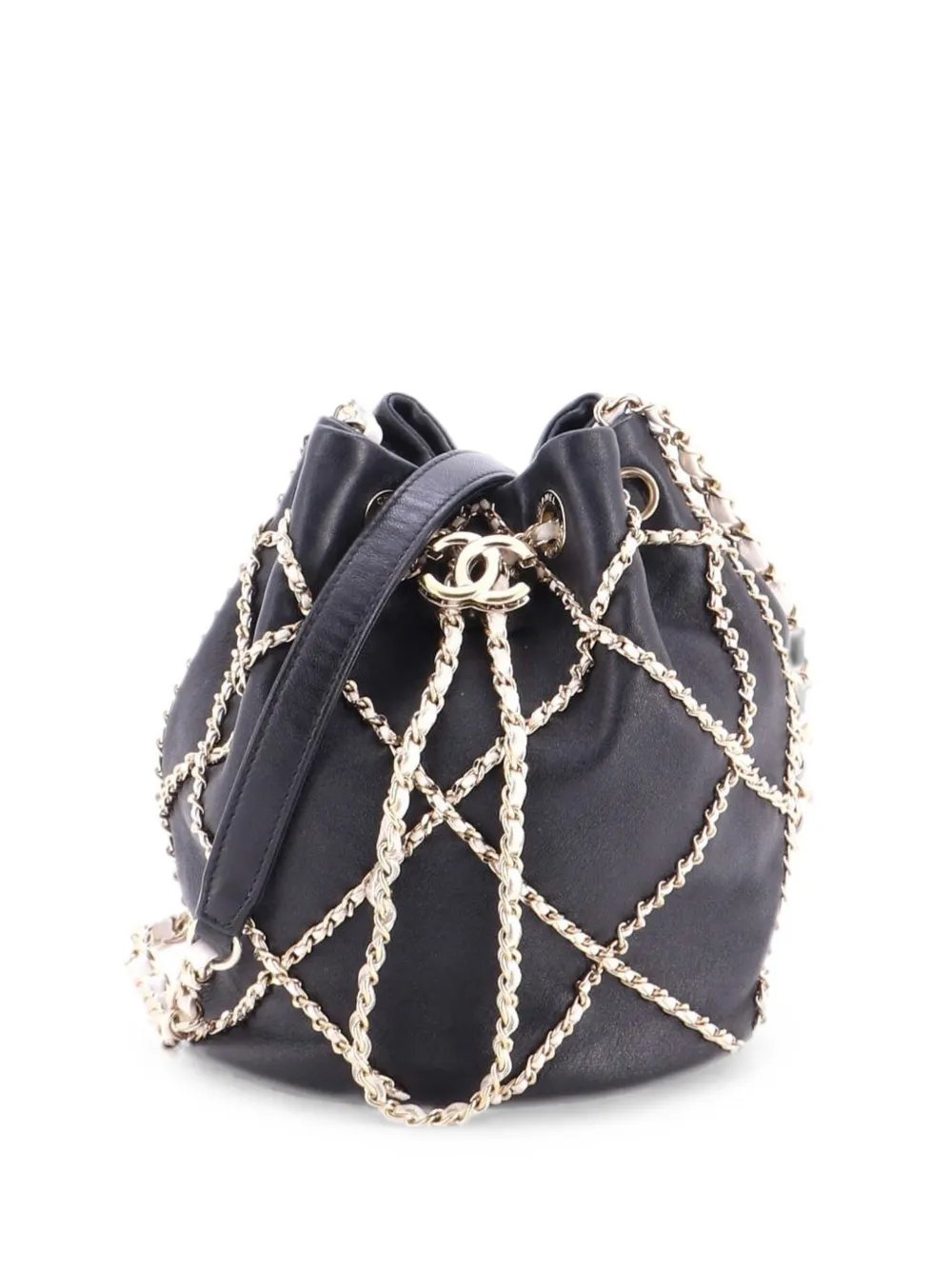 Entwined Chain Drawstring Quilted Lambskin Mini bucket bag
