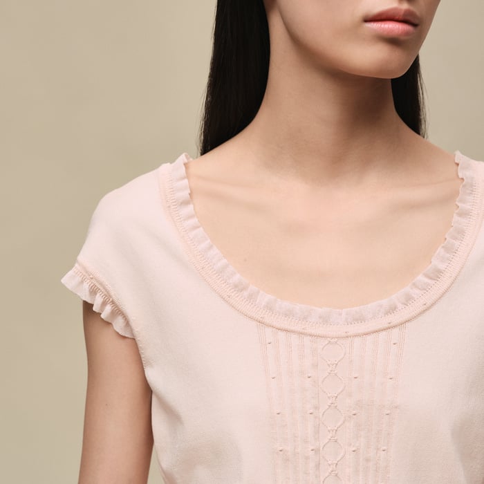 Rose Palomino Short-sleeve Sweater With Ruffled Details