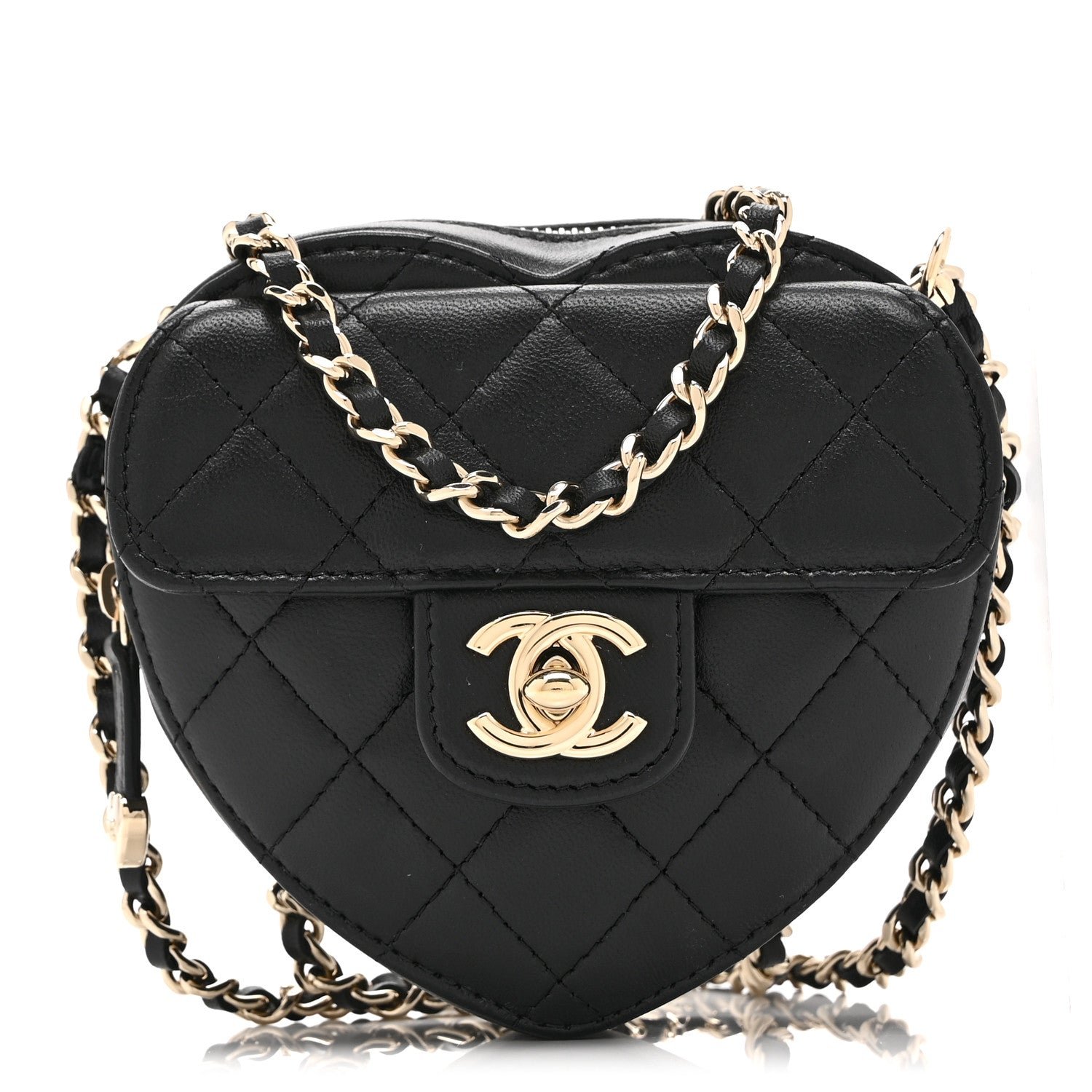 Chanel Lambskin Quilted CC In Love Heart Clutch With Chain Black