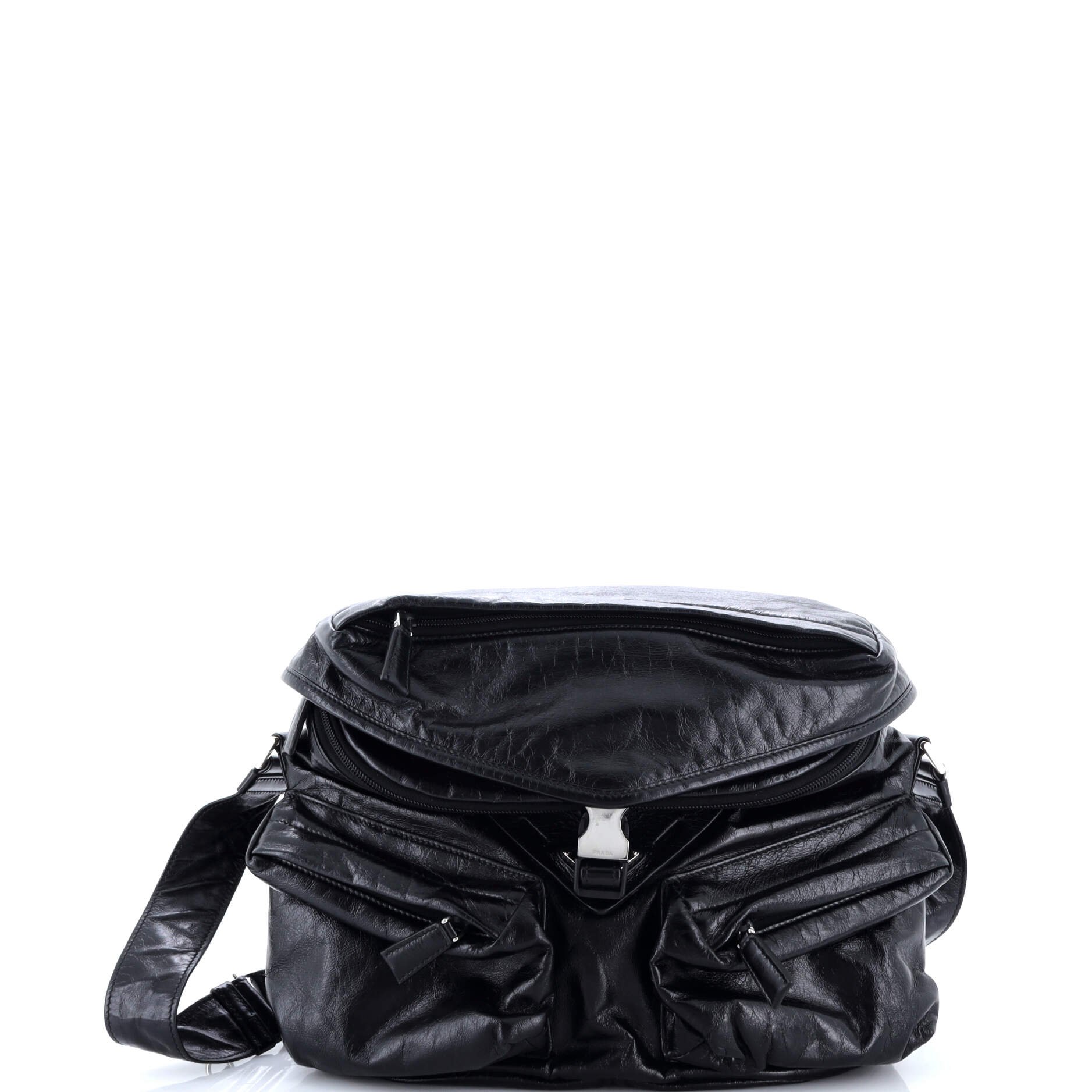 Slanted Double Pocket Buckle Shoulder Bag Soft Calf
