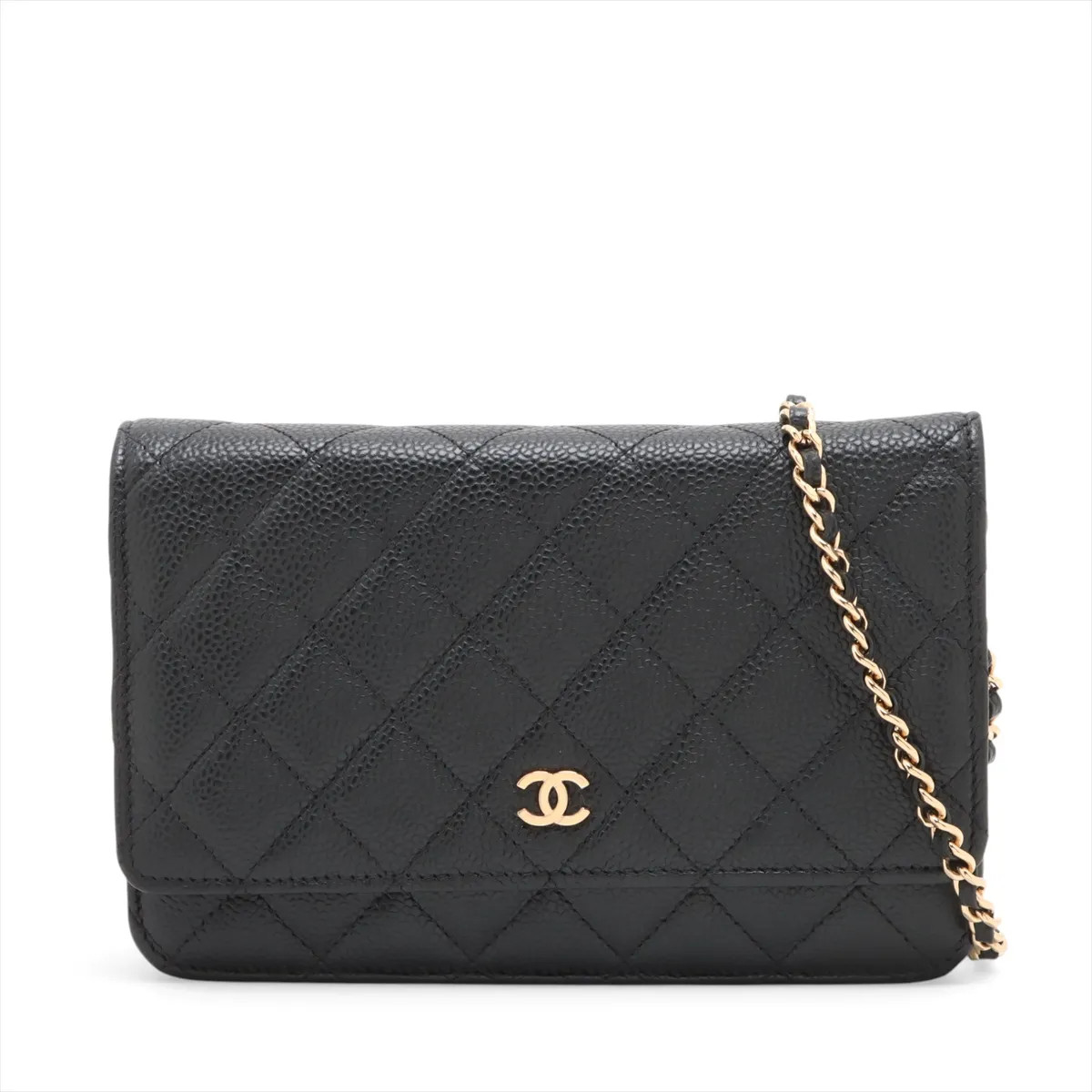 Chanel Matelasse Caviar Skin Chain Wallet Black Gold Metal Fittings random plate
