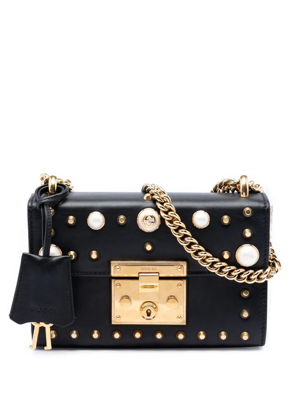 2016-2026 Small Pearl Studded Leather Padlock crossbody bag