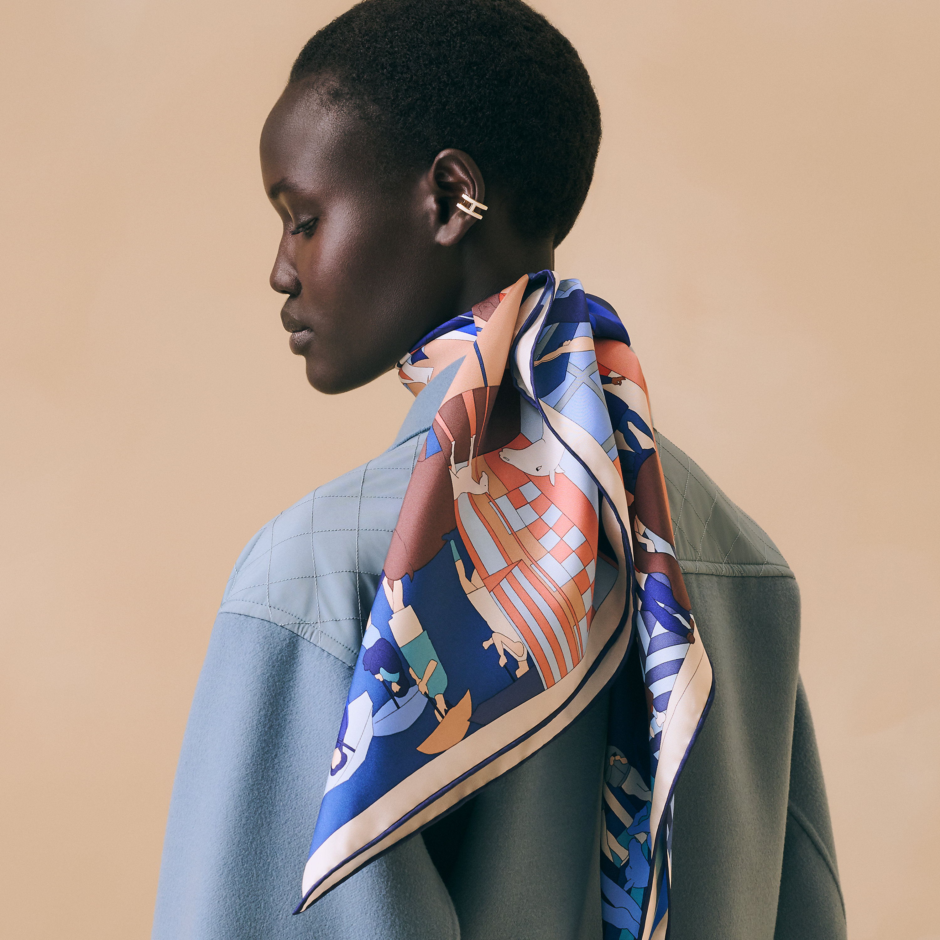 Hermès Derby 2000 scarf 90 Blanc/Orange/Bleu Clair | BagUSeek