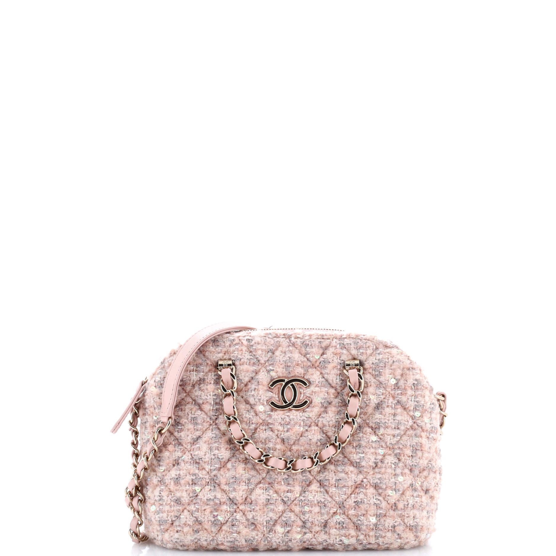 Chanel CC Dome Zip Handle Clutch with Chain Quilted Tweed Mini