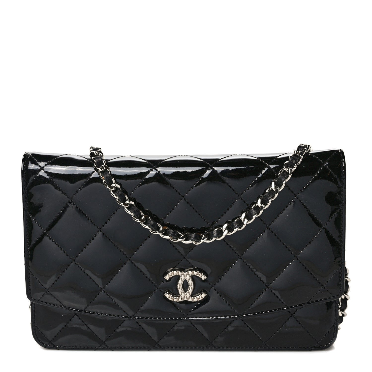 Chanel Patent Quilted Brilliant Wallet On Chain WOC Black
