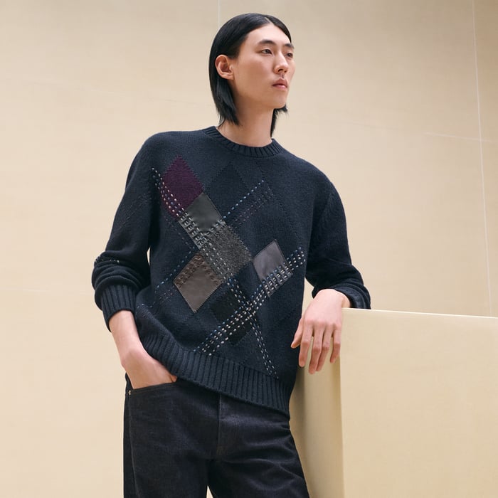 Marine Cashmere "Argyle Brode Cuir" Crewneck Sweater