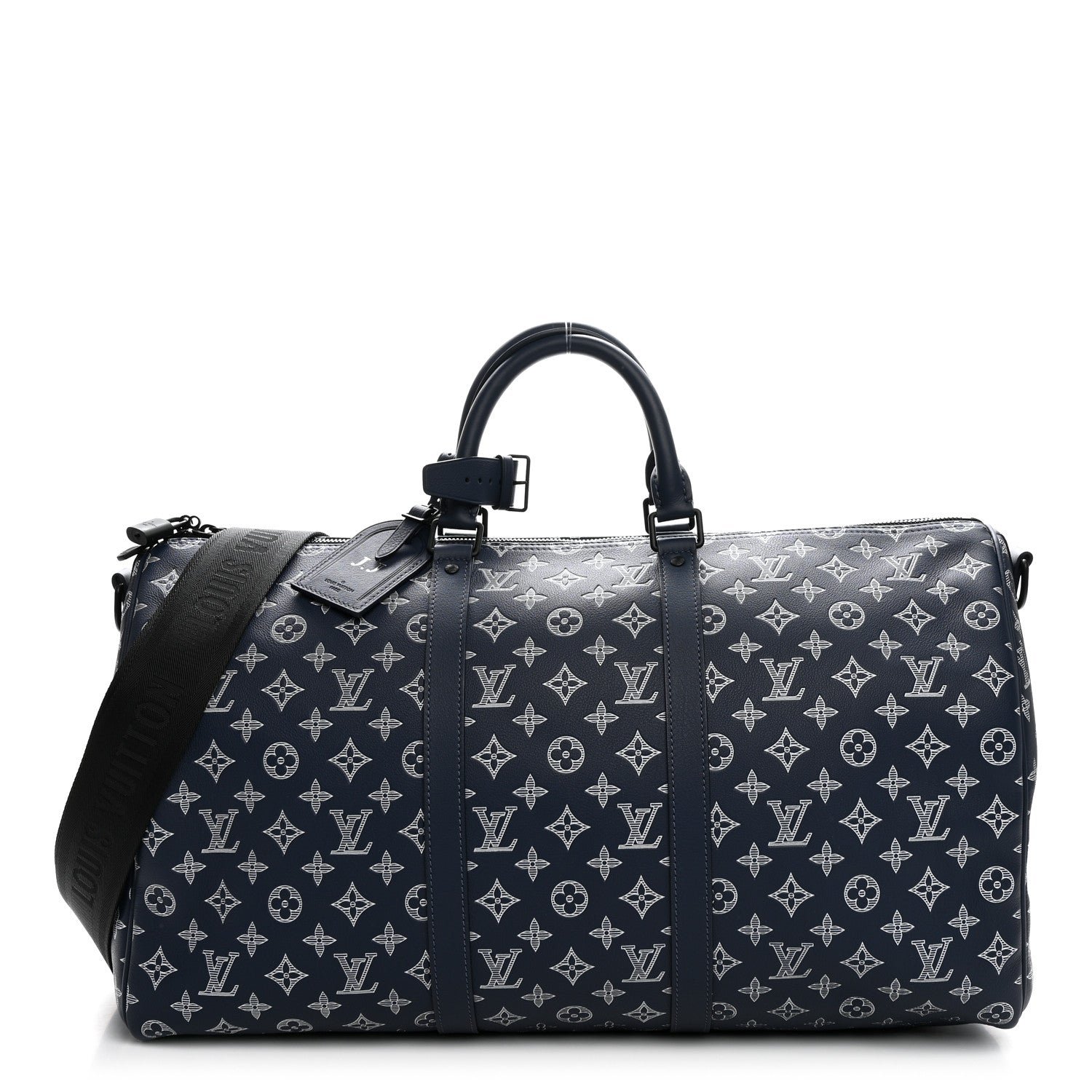 Louis Vuitton Calfskin Shadow Monogram Keepall Bandouliere 50 Ink Blue White