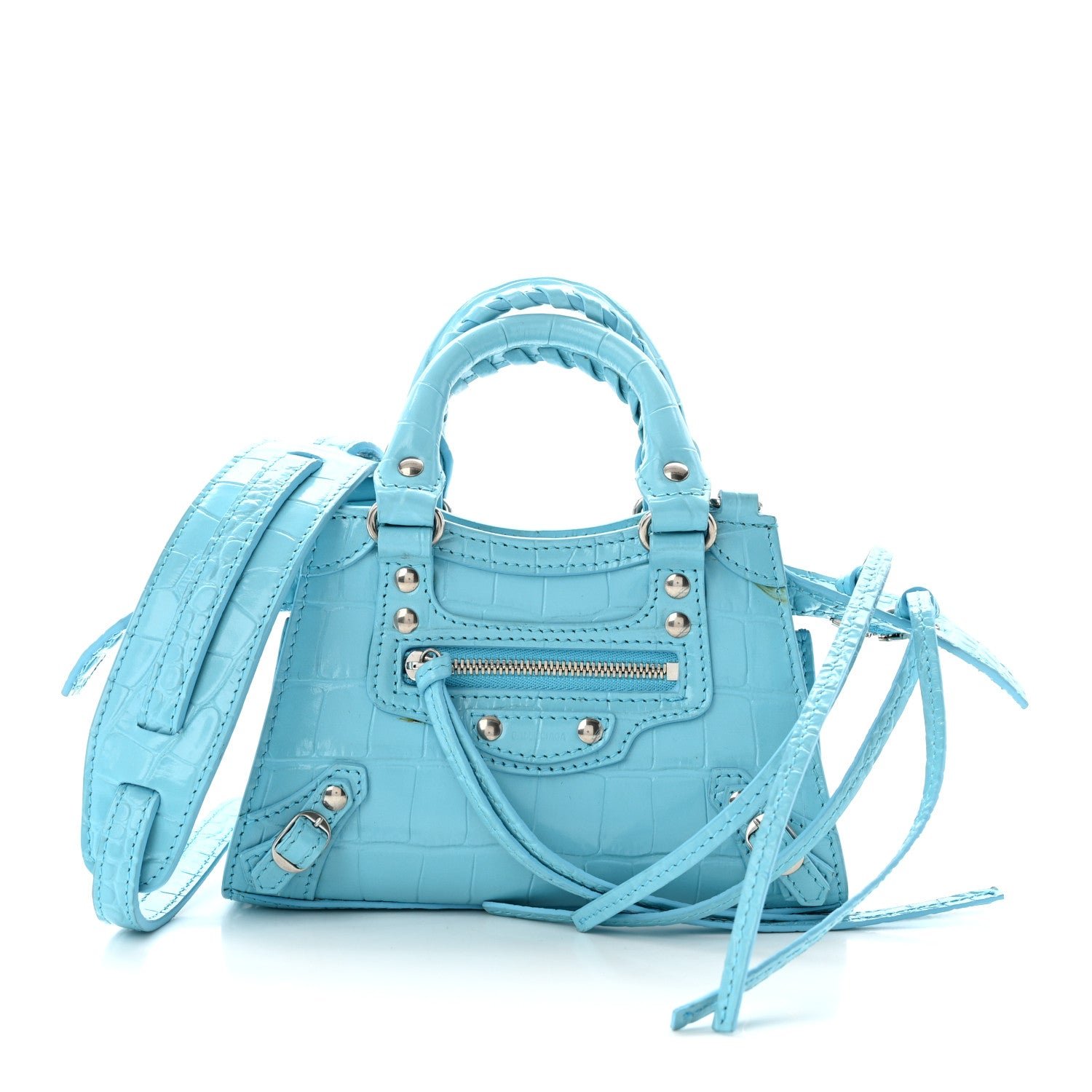 Balenciaga Calfskin Crocodile Embossed Neo Classic Silver Hardware Nano City Crossbody Azur
