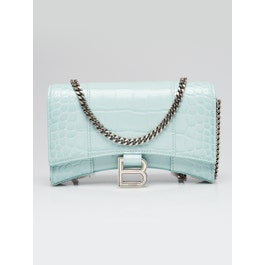 Balenciaga Balenciaga Light Green Croc Embossed Leather Soft Hourglass Wallet On Chain Bag