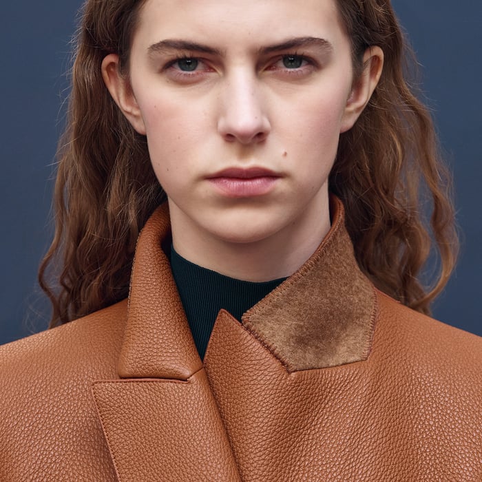 Marron Fauve Veste Tailleur Double Croisure En Cuir