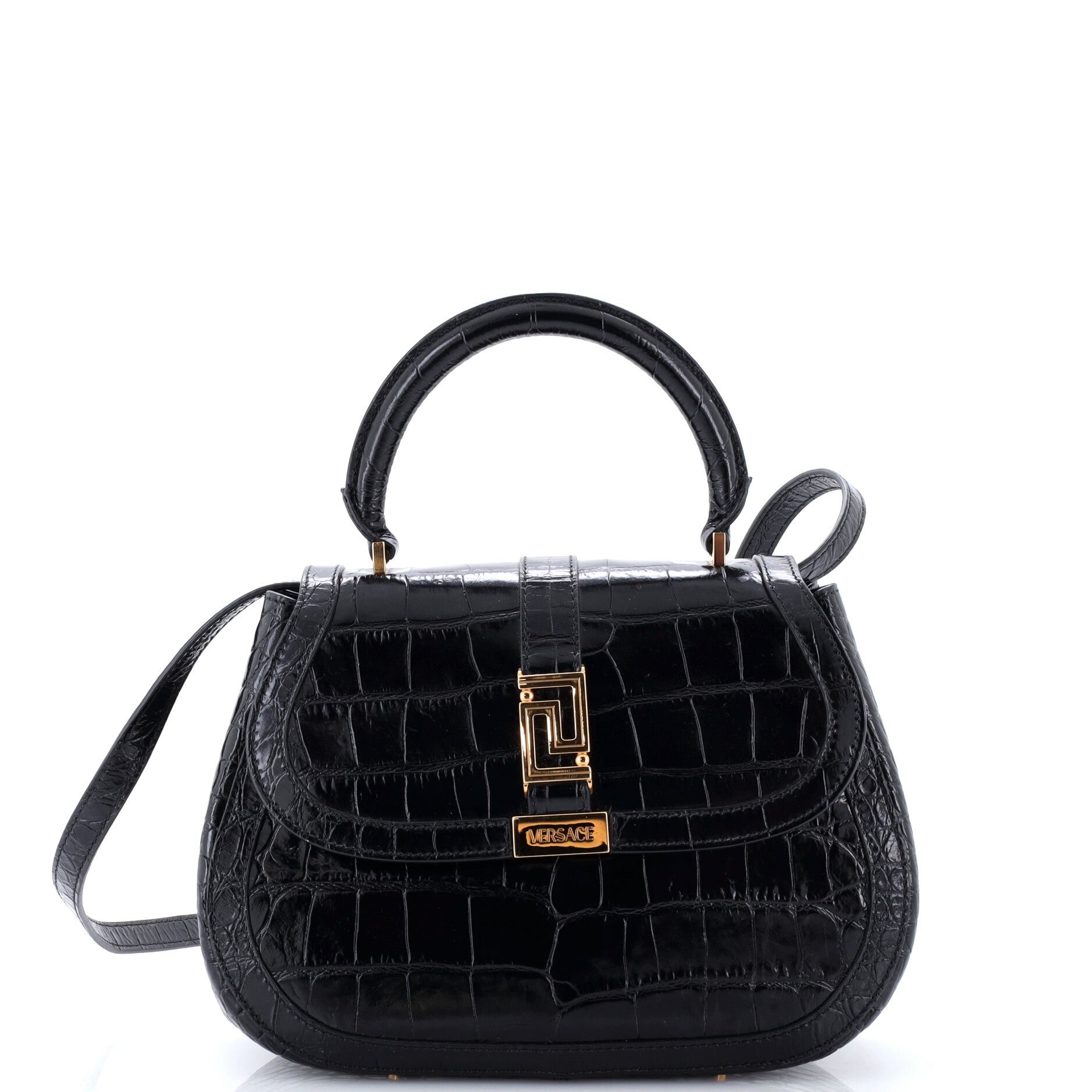 Greca Goddess Top Handle Bag Crocodile Embossed Leather Medium