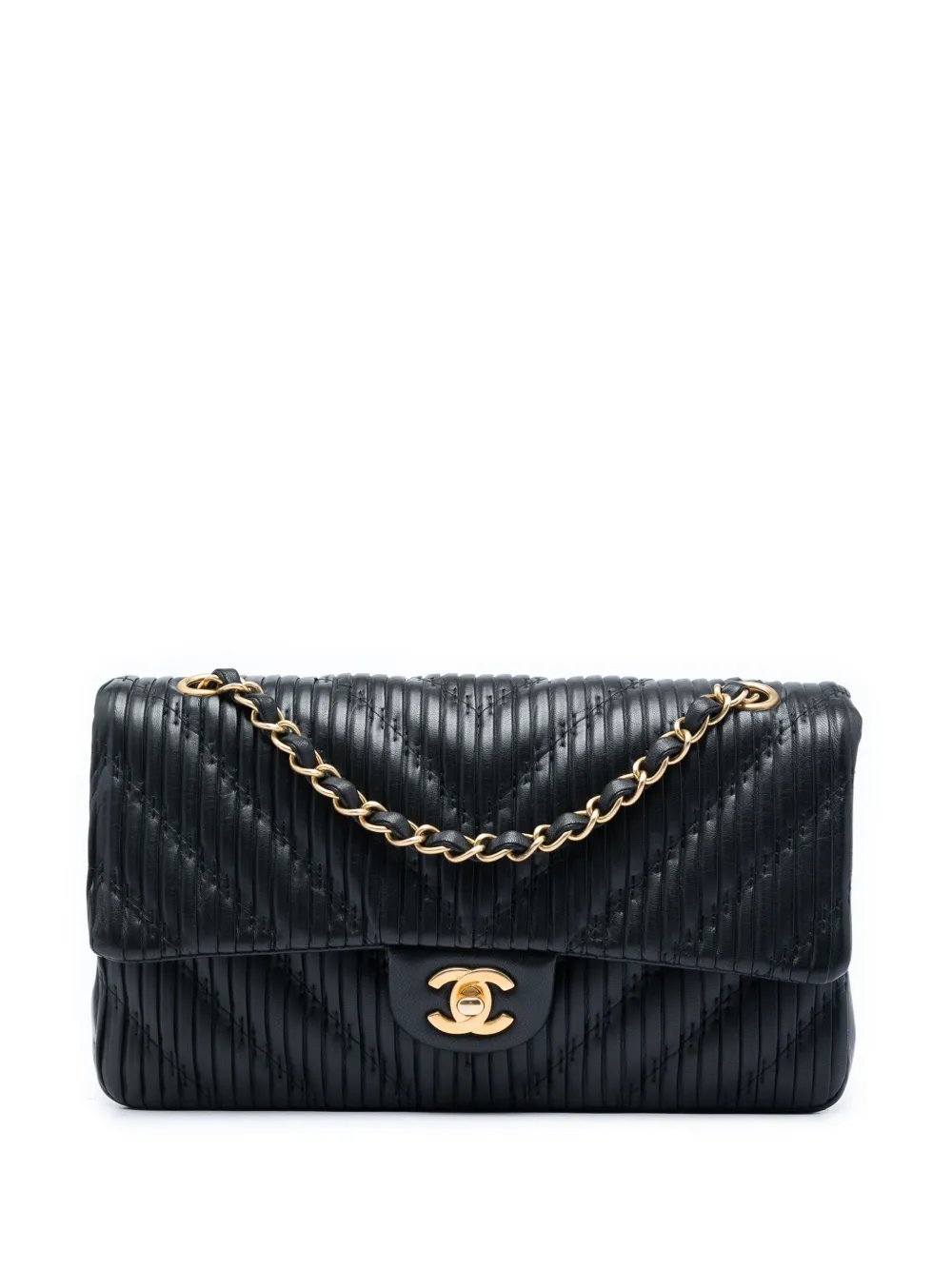 2018 Medium Classic Chevron Calfskin Pleated Double Flap shoulder bag