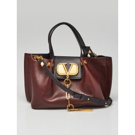 Valentino Valentino Burgundy/Black Pebbled Leather V-Logo Escape Small Convertible Tote Bag