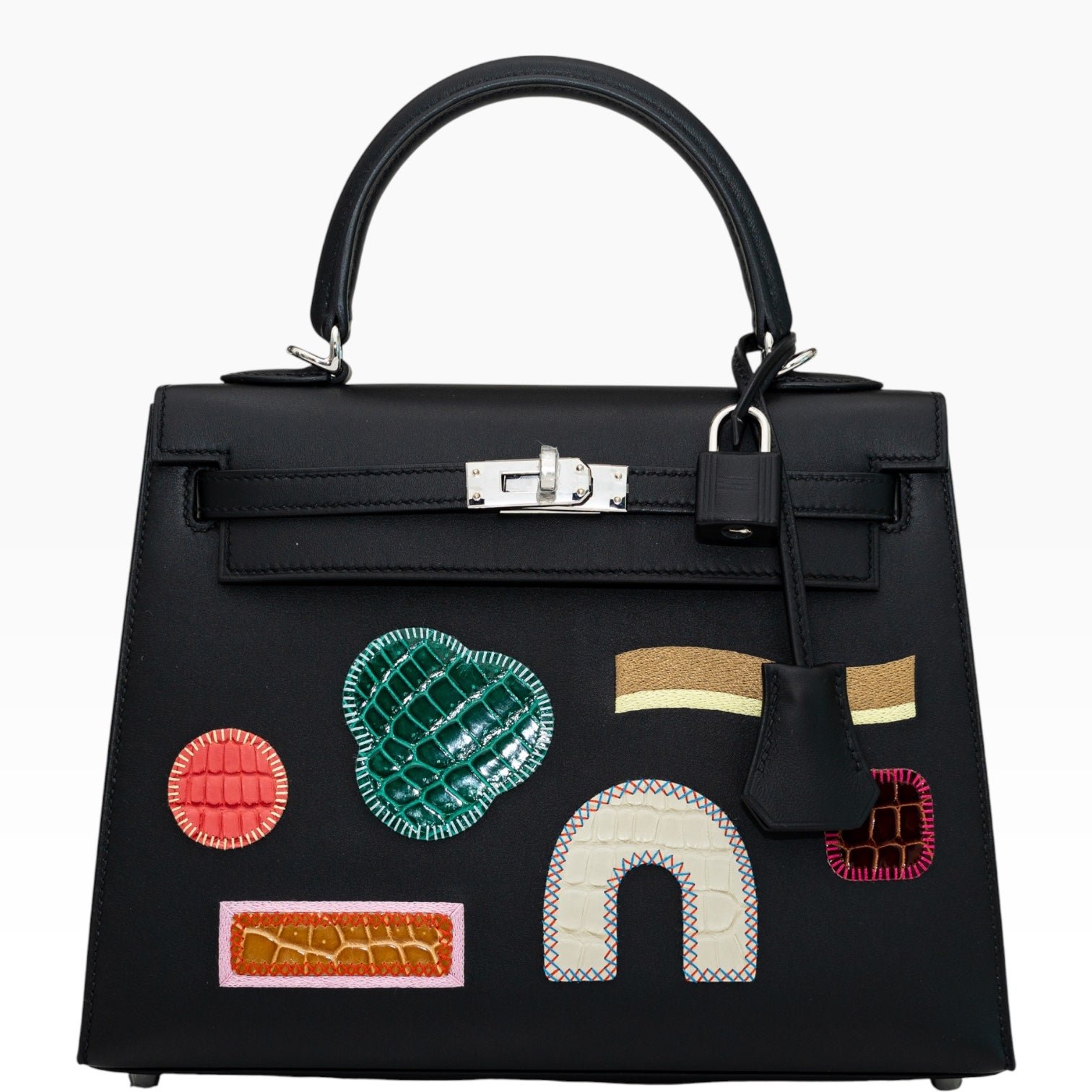 Hermes Hermès Kelly 25 Sellier Broderie Colla Noir Swift & Niloticus Crocodile Palladium Hardware