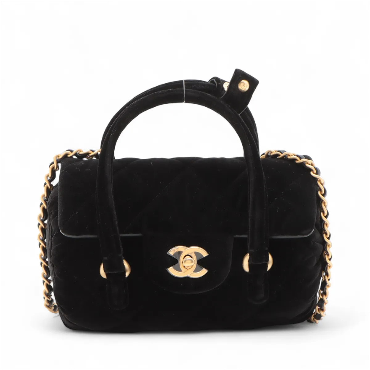 Chanel Matelasse Velvet 2 Way Handbag Black Gold Metal Fittings random plate Yea