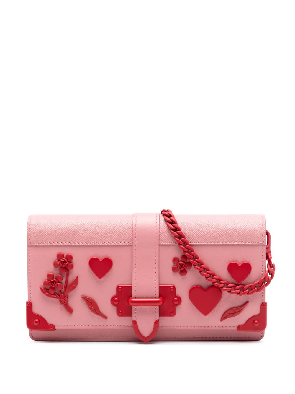 2010-2026 Saffiano Trimmed City Calf Cahier Heart and Flower Wallet on Chain crossbody bag