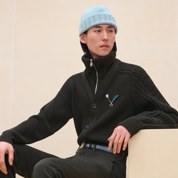 Kaki Cashmere "Fisherman Graphique" Zipped Jacket