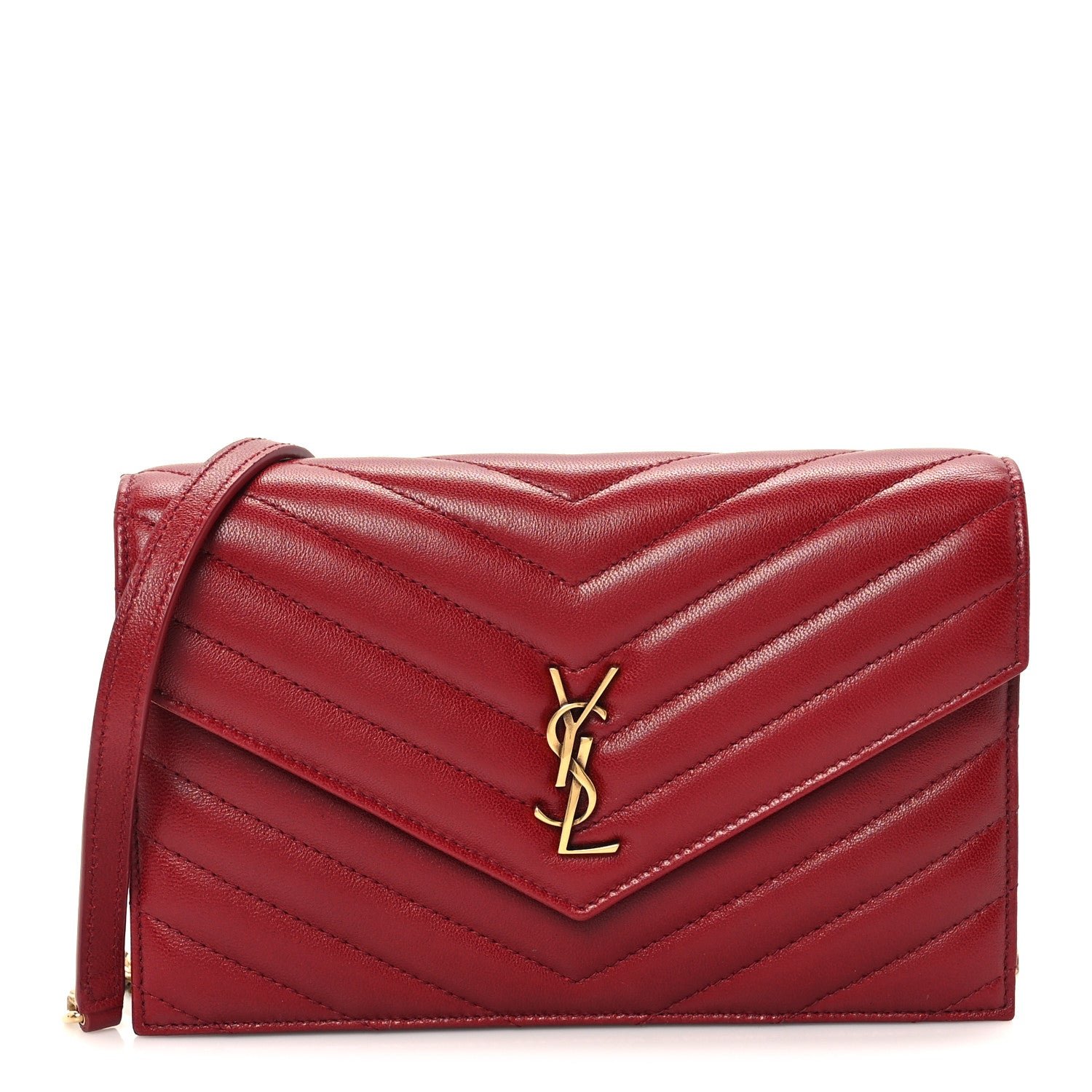 Saint Laurent Calfskin Matelasse Chevron Monogram Envelope Chain Wallet Rouge Merlot