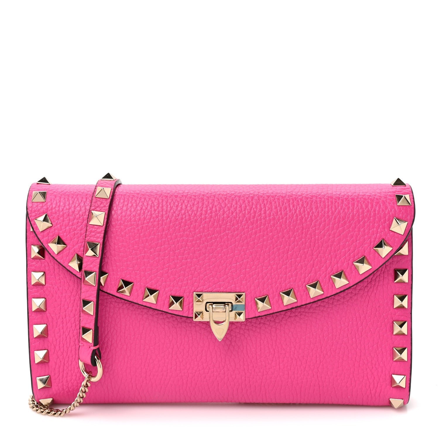 Valentino Garavani Grainy Calfskin Rockstud Flip Lock Wallet With Chain Pink PP