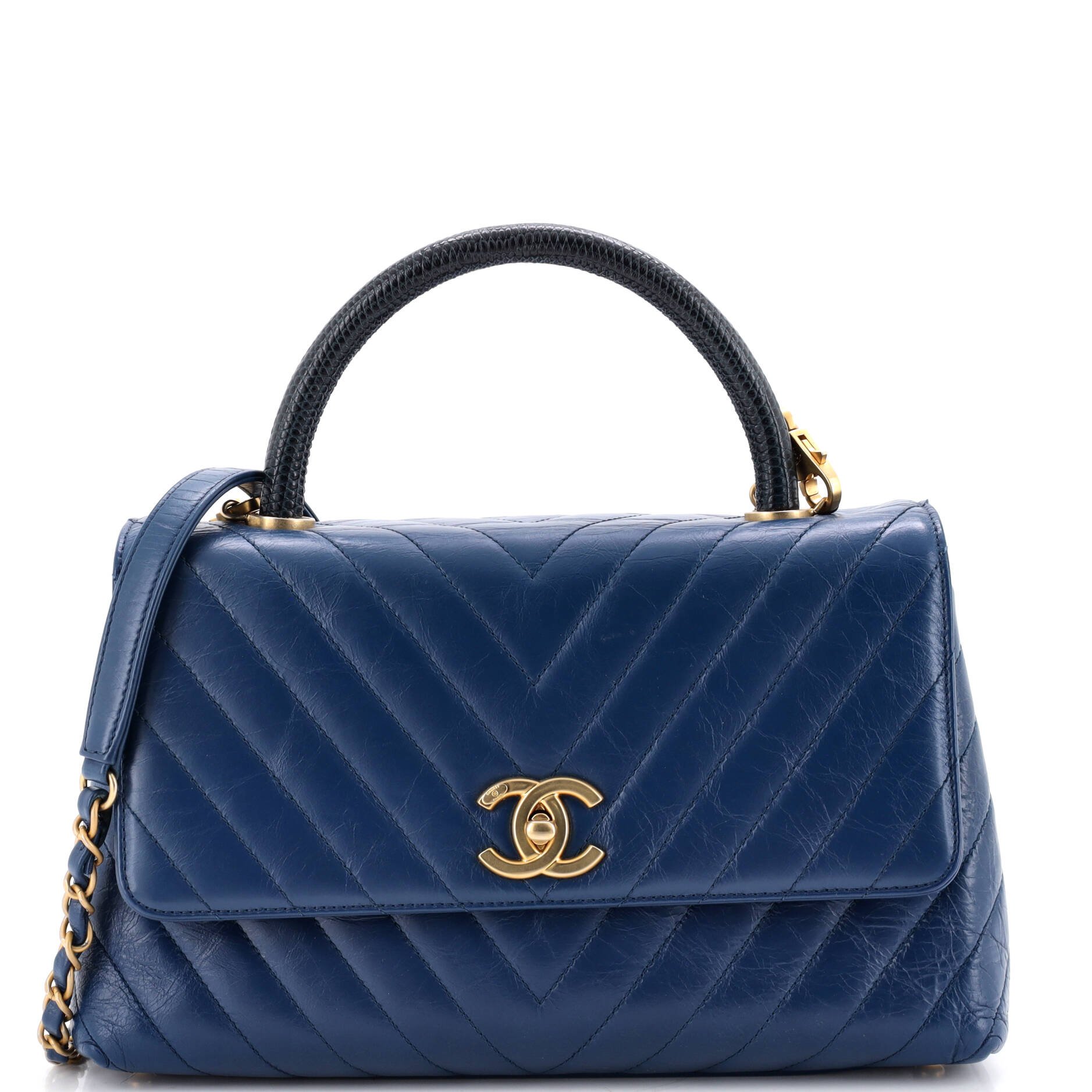 Coco Top Handle Bag Chevron Calfskin with Lizard Small
