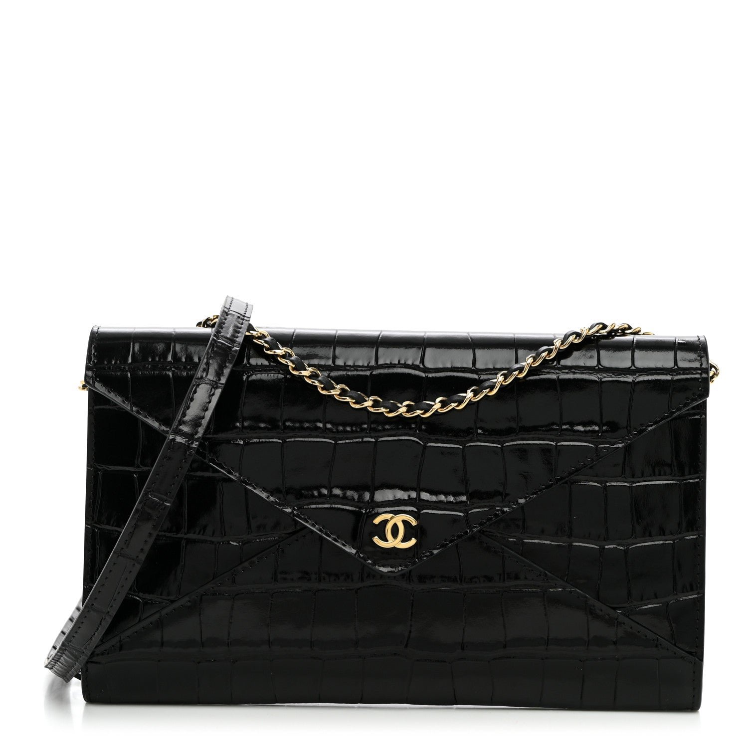 Chanel Calfskin Crocodile Embossed Envelope Clutch With Strap Black