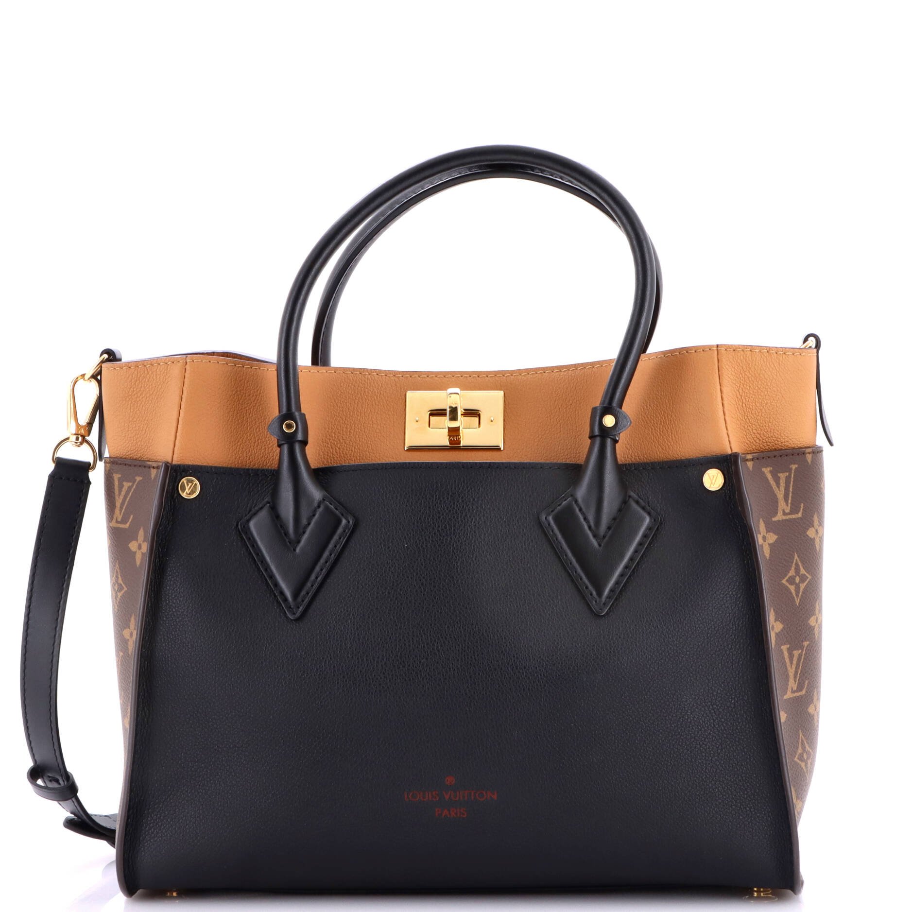 On My Side Tote Leather with Monogram Canvas MM