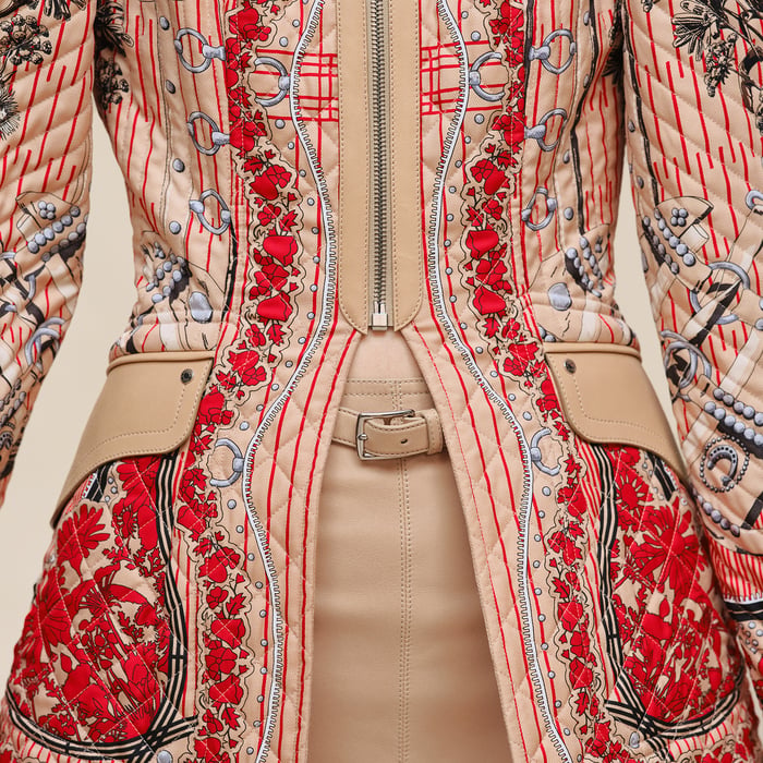 Beige Cajou "Aux Champs En Fleurs Raye" Mixed Leather Mat Equestrian Jacket