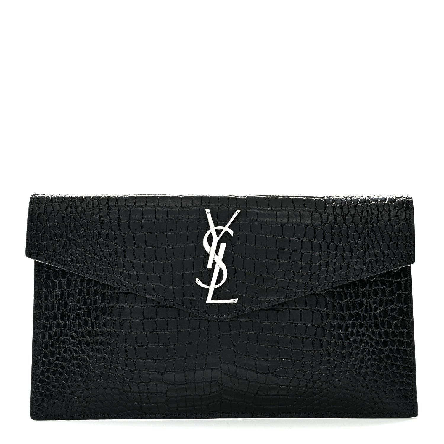 Saint Laurent Calfskin Crocodile Embossed Uptown Monogram Clutch Black