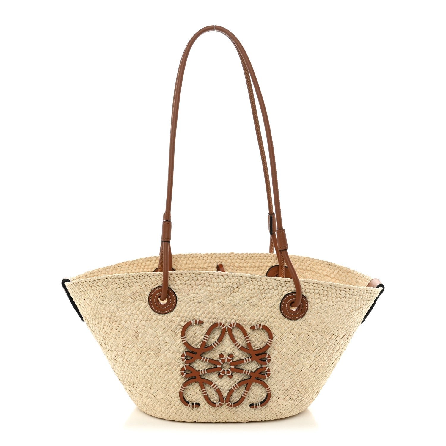 Loewe Calfskin Raffia Small Anagram Basket Tote Bag Natural Tan