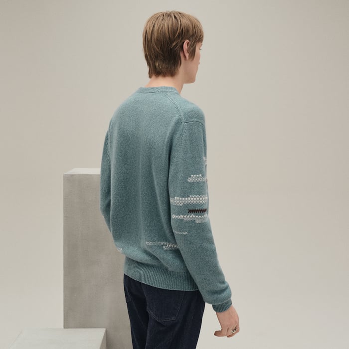Céladon Chiné Cashmere "Cachemire Detail Cuir" Crewneck Sweater