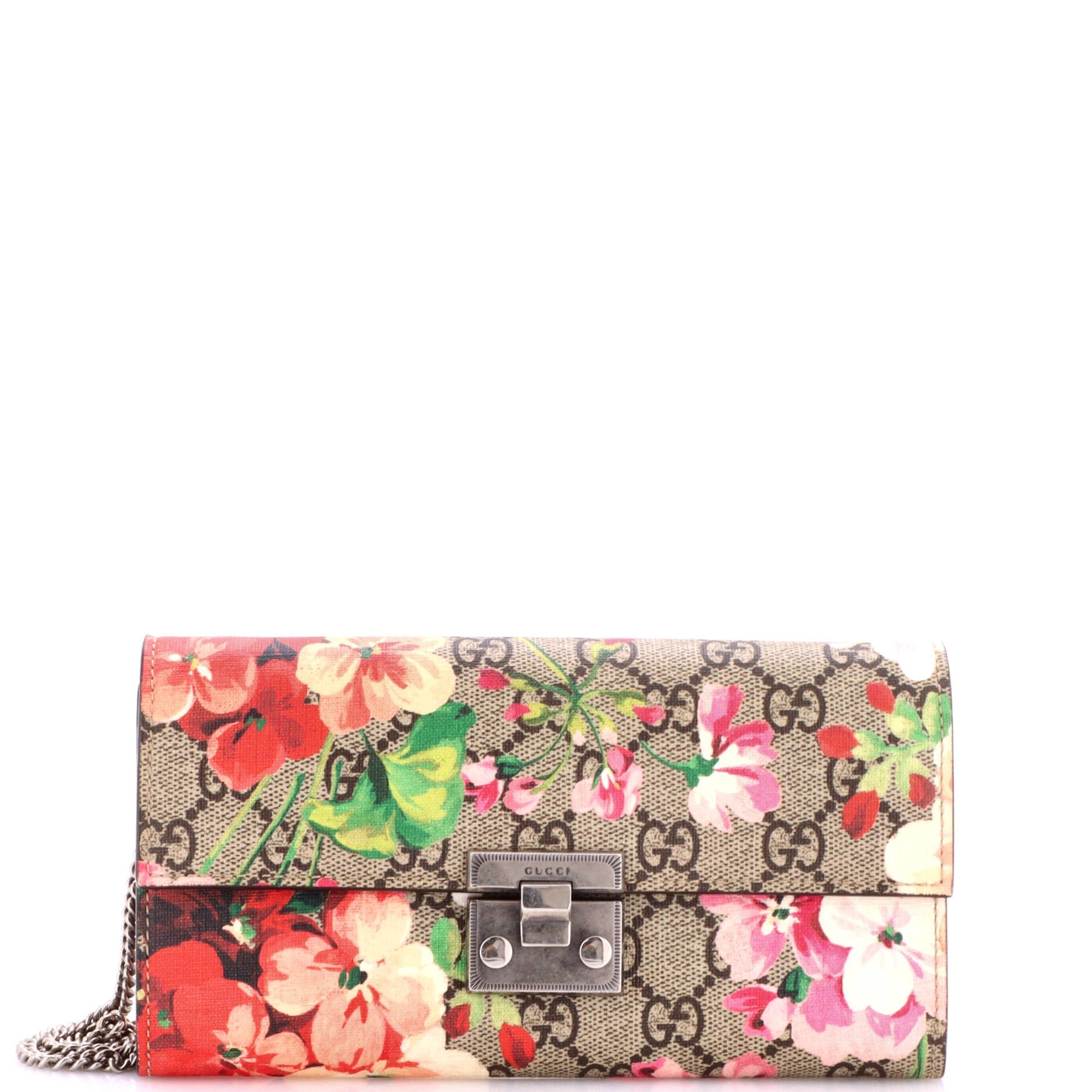 Padlock Continental Chain Wallet Blooms Print GG Coated Canvas Long