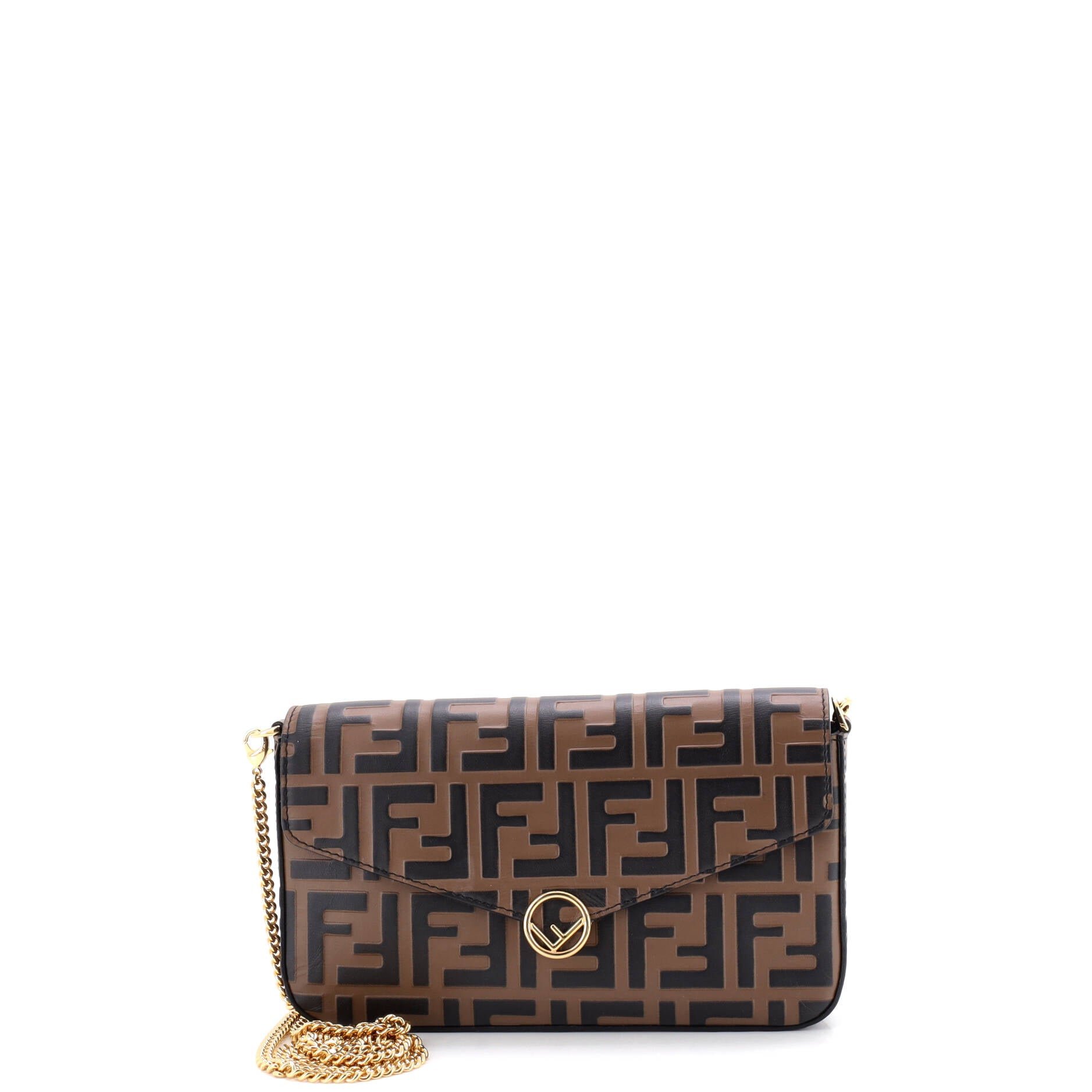 F is Fendi Envelope Clutch on Chain Zucca Embossed Leather