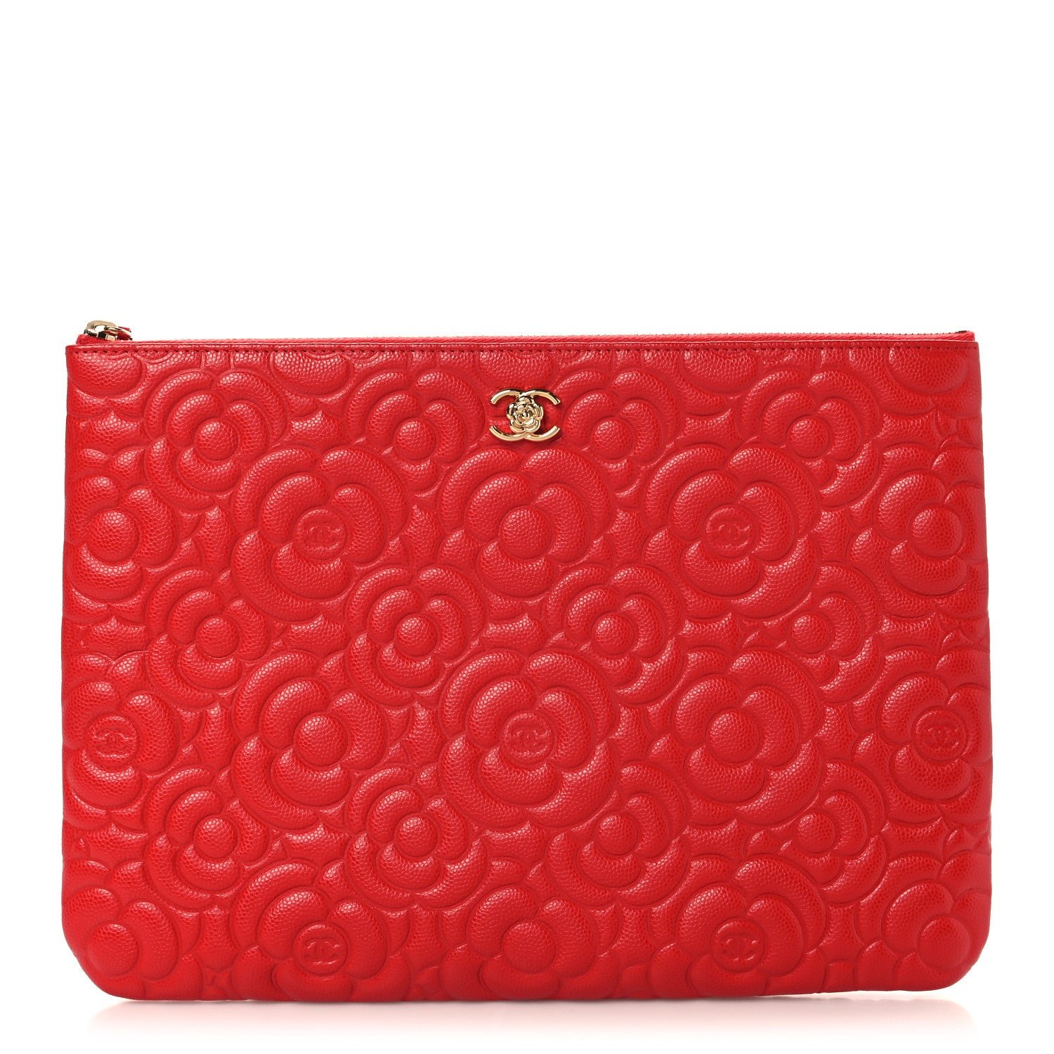 Chanel Caviar Camellia Embossed Medium Cosmetic Case Red