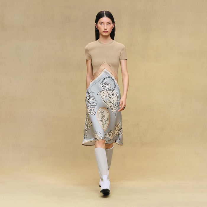 Gris Paruline "Ex-libris a Main Levee" Short-sleeve Twillaine Long Dress