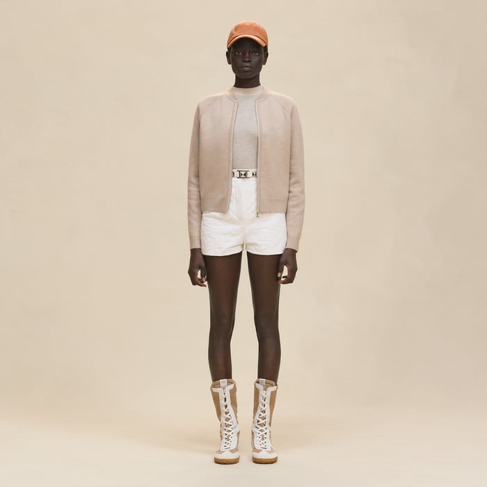 Beige Cremello "H En Biais" Long-sleeve Reversible Cardigan