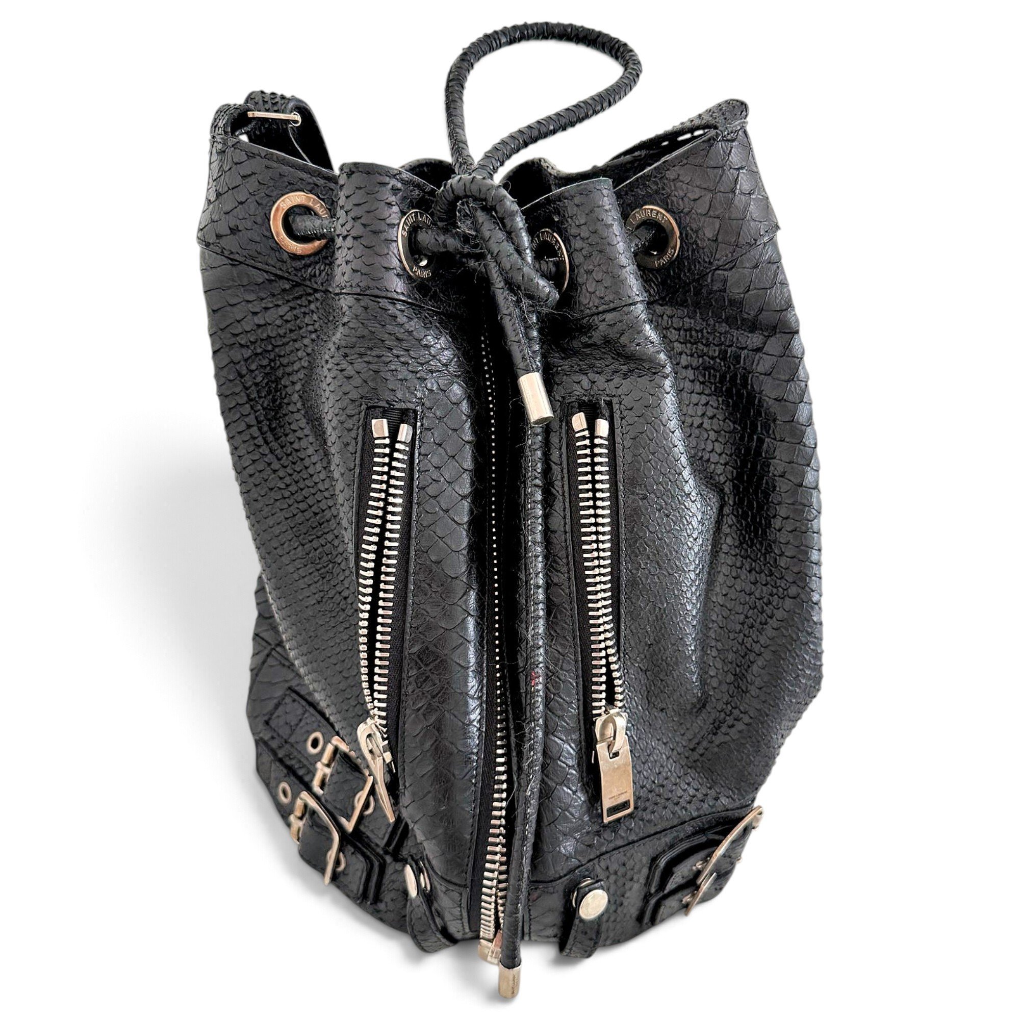 Monogram bucket leather handbag