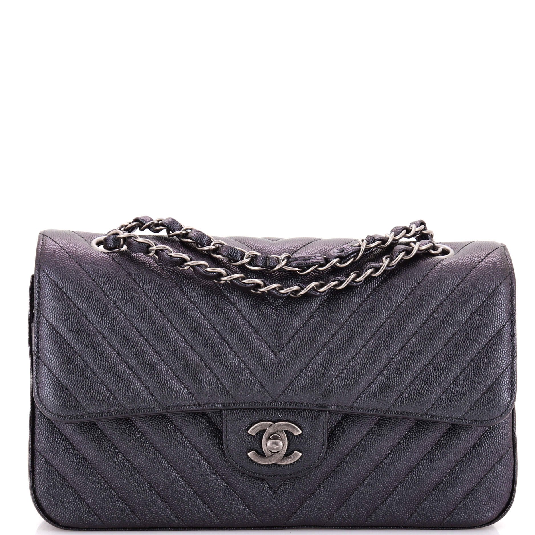 Classic Double Flap Bag Chevron Iridescent Caviar Medium