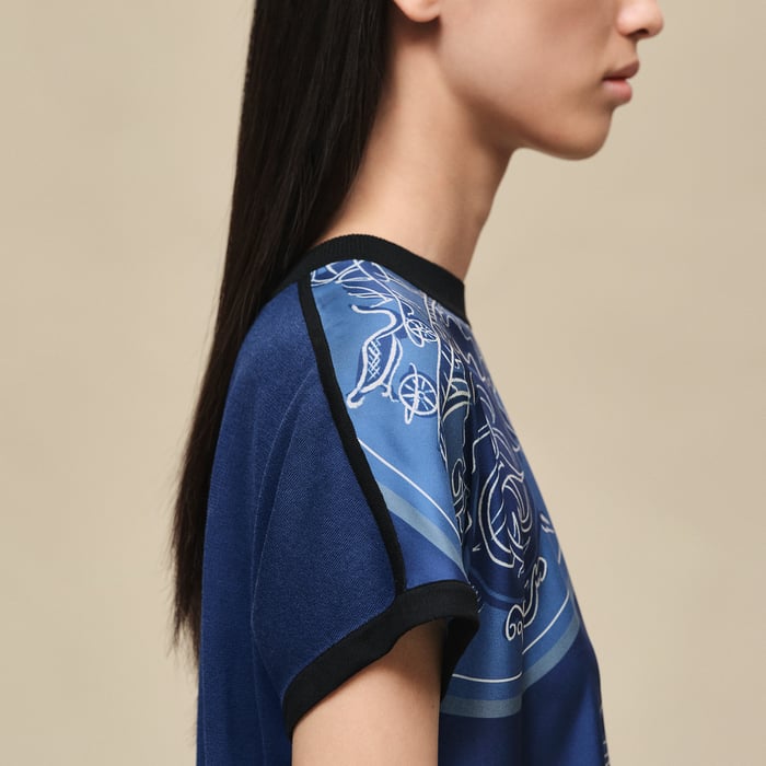 Bleu Lagune "Ex-libris a Main Levee" Short-sleeve Twillaine Sweater